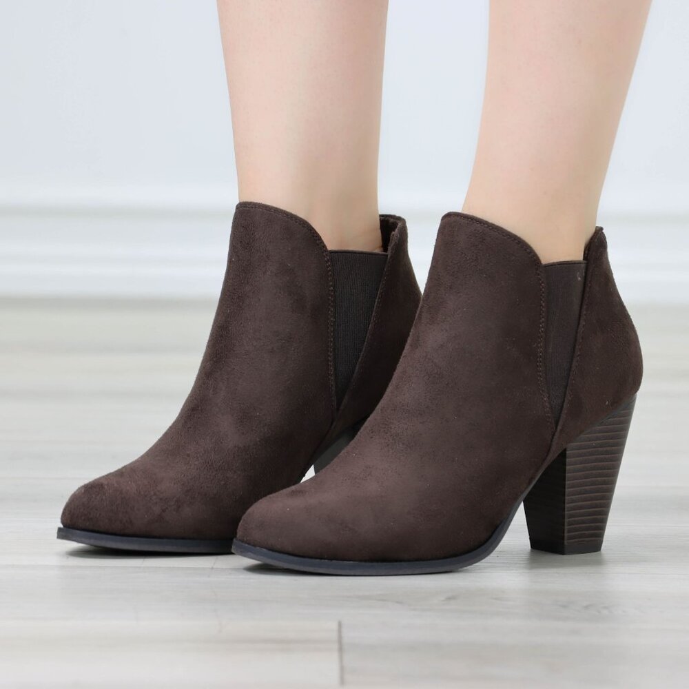 Dark Brown Faux Suede Ankle Boots V-Cut Elastic Panel High Stacked Heel